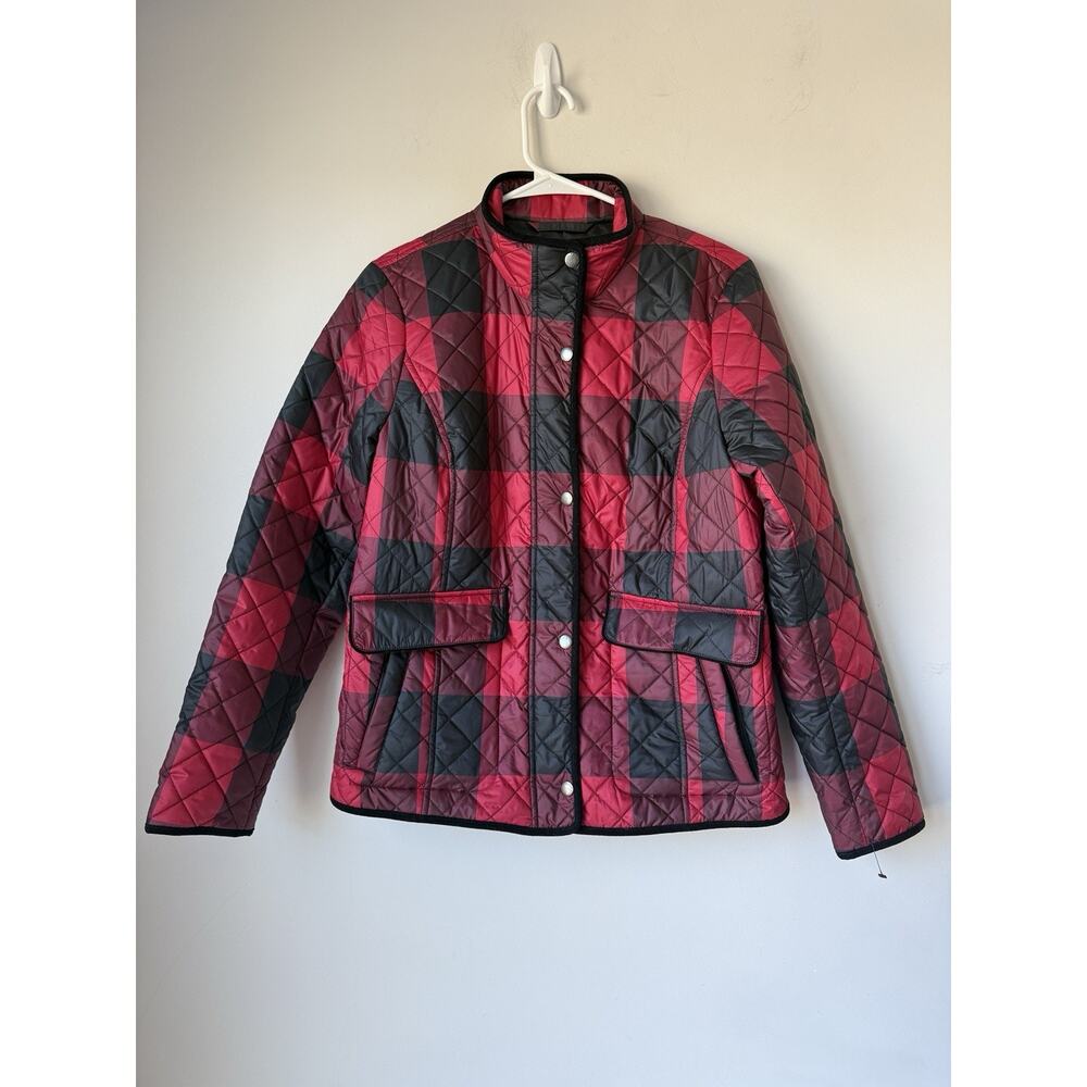 Talbots Puffer Jacket Women's Womens s Red Tartan Plaid Full Zip Snap Up Preppy - Picture 1 of 9